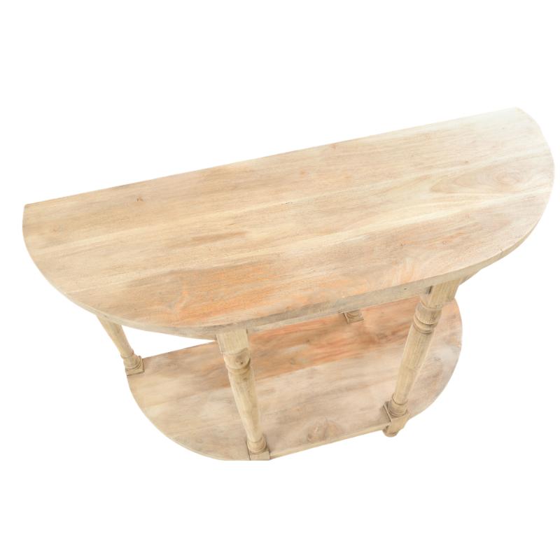 A light natural wood console table with a semi-circular top, four turned legs, and a matching lower shelf, shown on a plain white background.