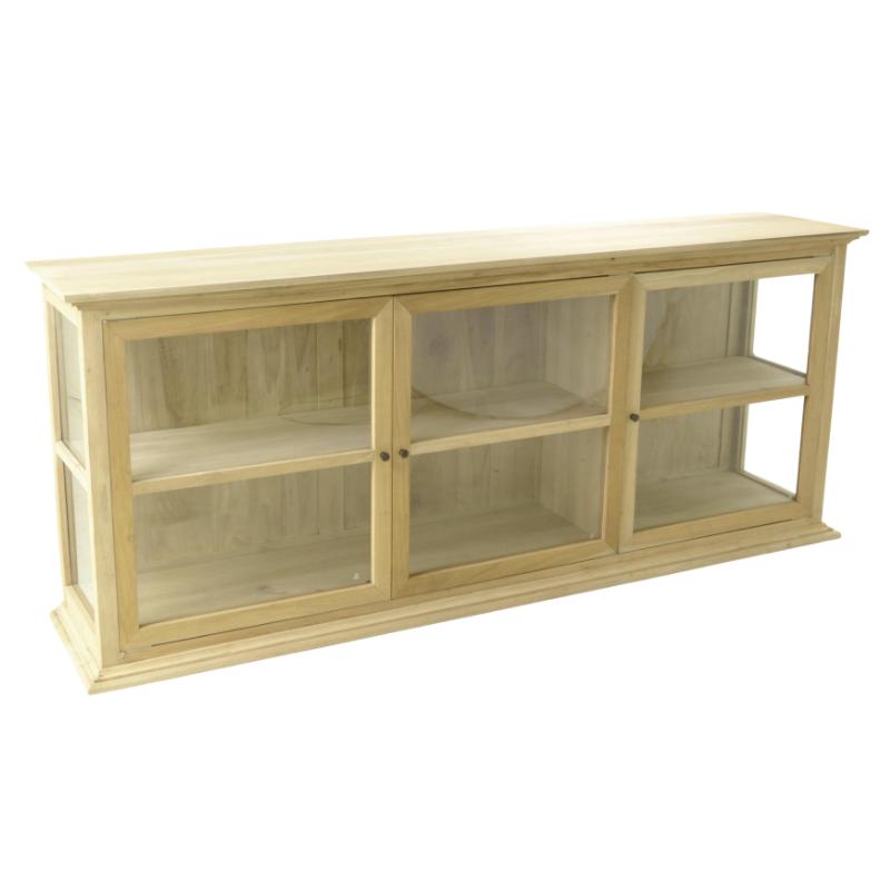 A light natural wood display cabinet with three glass-front doors and open shelves, shown on a plain white background.