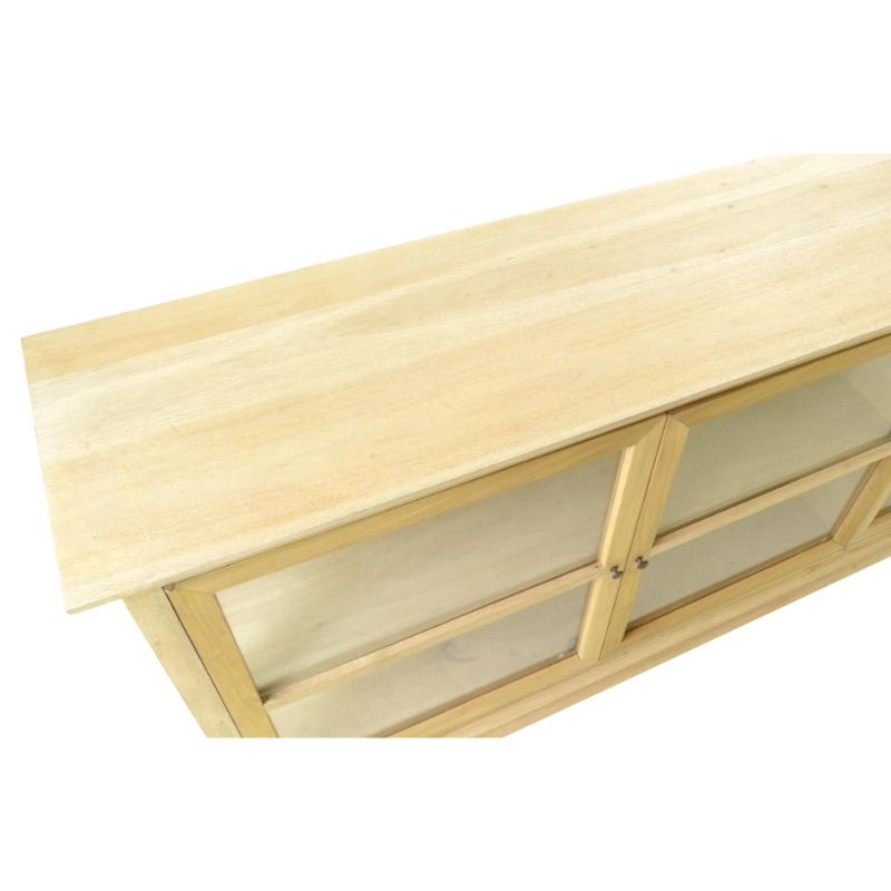 A light natural wood cabinet with glass doors and a matching wood top, shown on a plain white background.