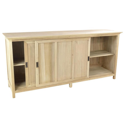 A light natural wood sideboard cabinet with three sliding doors, two open side shelves, and two open end shelves, shown on a plain white background.