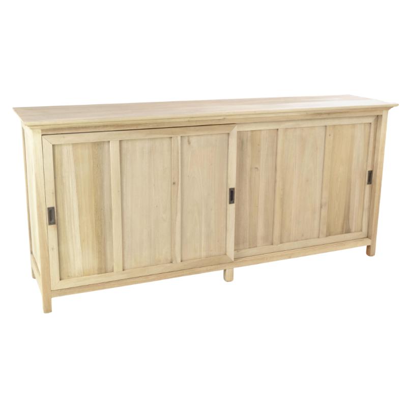 A light natural wood sideboard cabinet with four paneled doors and small dark metal handles, shown on a plain white background.