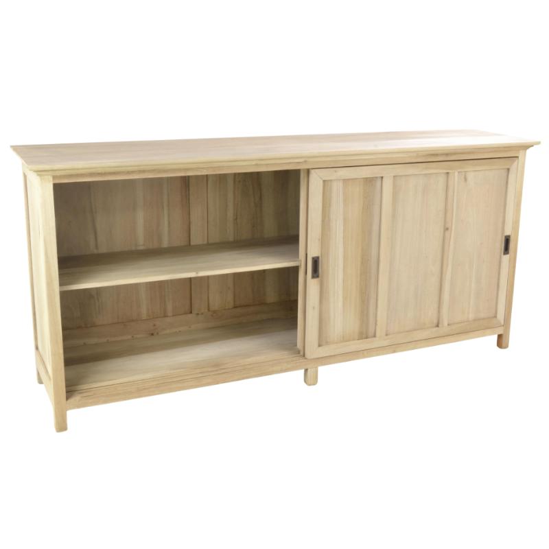 A light natural wood sideboard with open shelf on the left and two sliding doors on the right, shown against a plain white background.