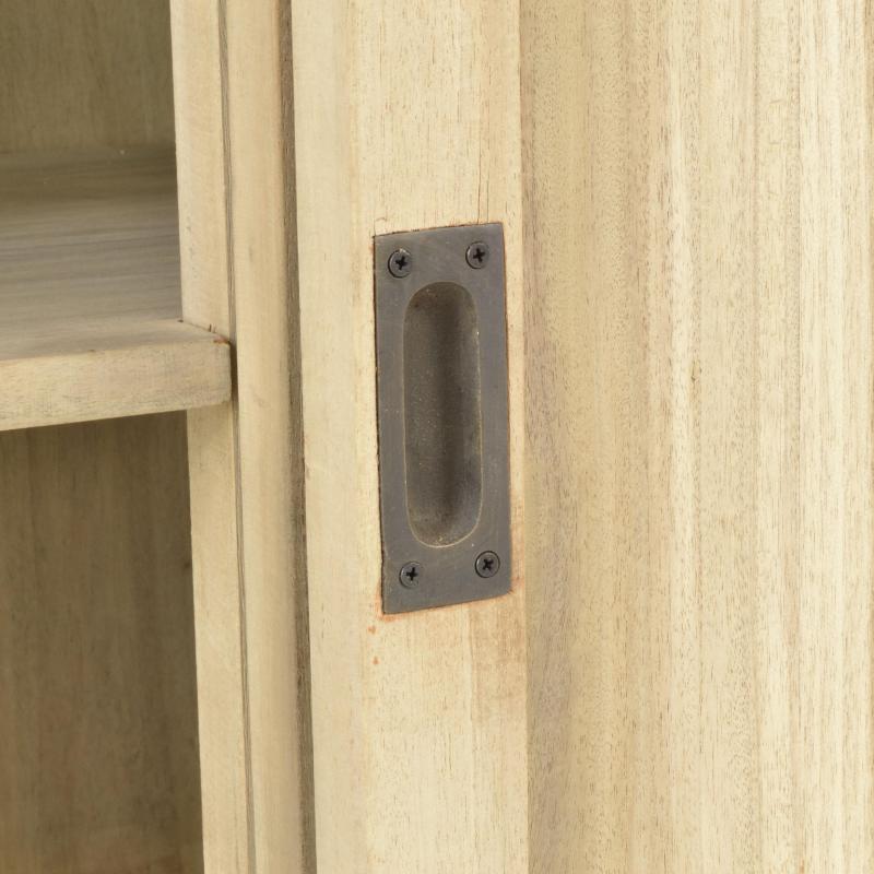 Close-up of a light natural wood cabinet door with a dark metal oval pull handle mounted on the side.