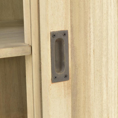 Close-up of a light natural wood cabinet door with a dark metal oval pull handle mounted on the side.