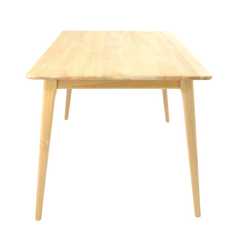 A light natural wood dining table with tapered legs, shown from a front angle against a plain white background.