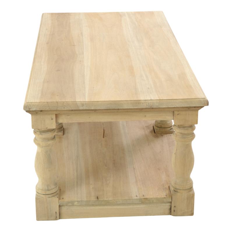 A light natural wood rectangular table with turned legs and a lower shelf, shown on a plain white background.
