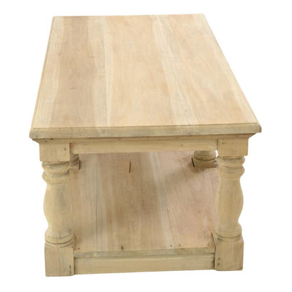 A light natural wood rectangular table with turned legs and a lower shelf, shown on a plain white background.