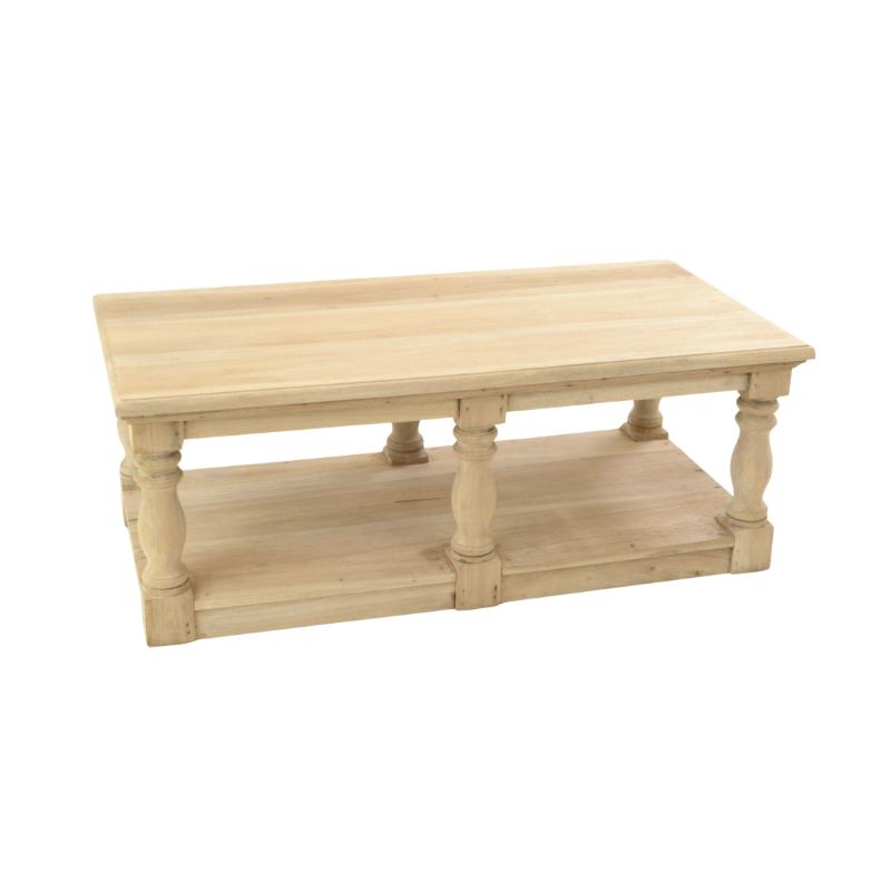 A light natural wood coffee table with a two-tier design, featuring turned legs and a rectangular top, shown against a plain white background.
