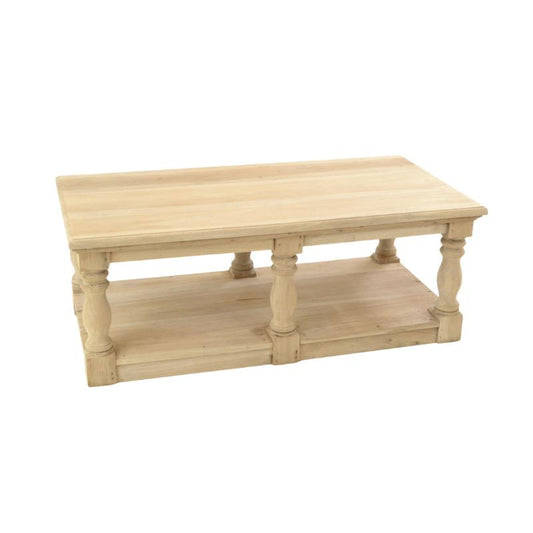 A light natural wood coffee table with a two-tier design, featuring turned legs and a rectangular top, shown against a plain white background.
