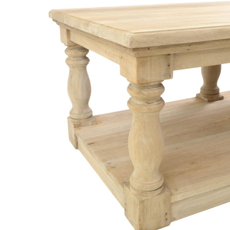 Close-up of a light natural wood two-tier table or bench with turned legs and a rustic finish, isolated on a white background.