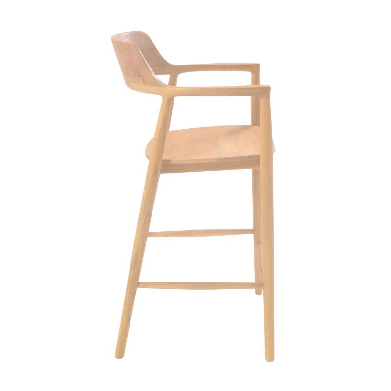 A light natural wood bar stool with a curved backrest, armrests, and a four-legged frame, shown from a side profile on a solid white background.