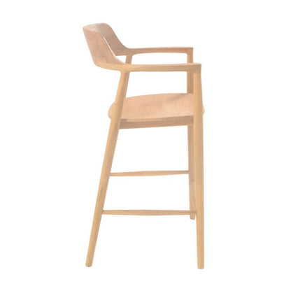 A light natural wood bar stool with a curved backrest, armrests, and a four-legged frame, shown from a side profile on a solid white background.