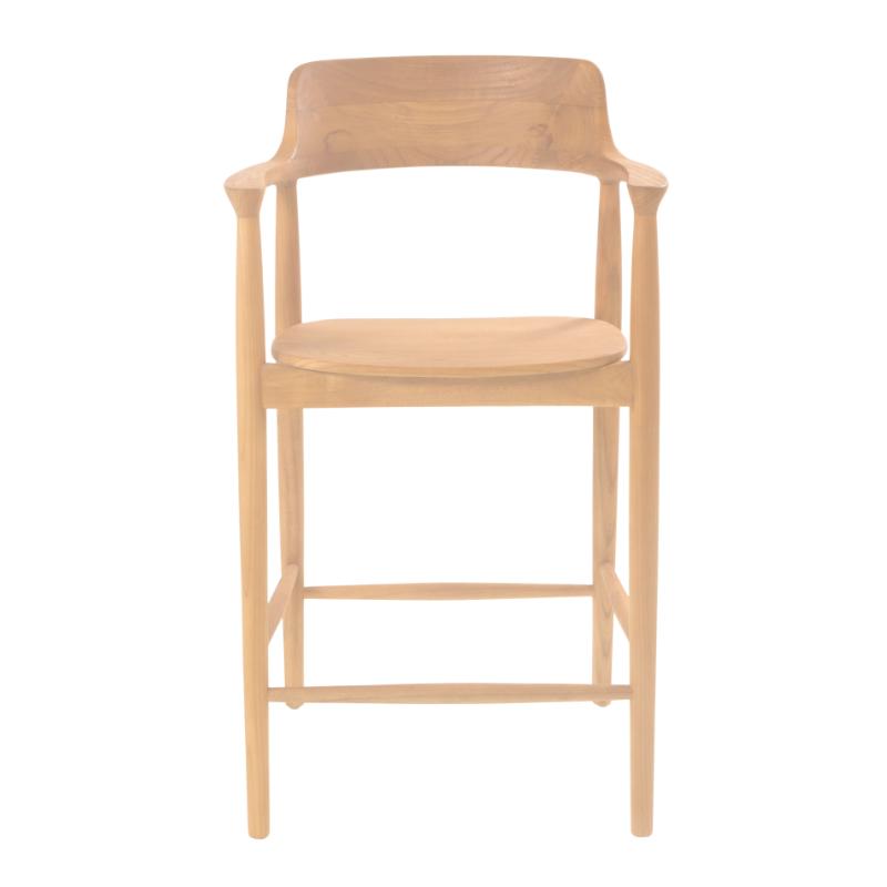 A light natural wood barstool with a curved backrest, integrated armrests, a rounded seat, and a footrest, shown against a plain white background.