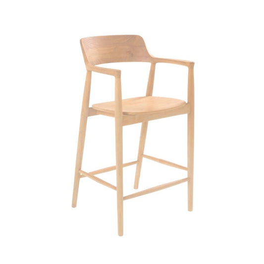 A light natural wood barstool with armrests, a curved backrest, and a matching seat, shown against a plain white background.