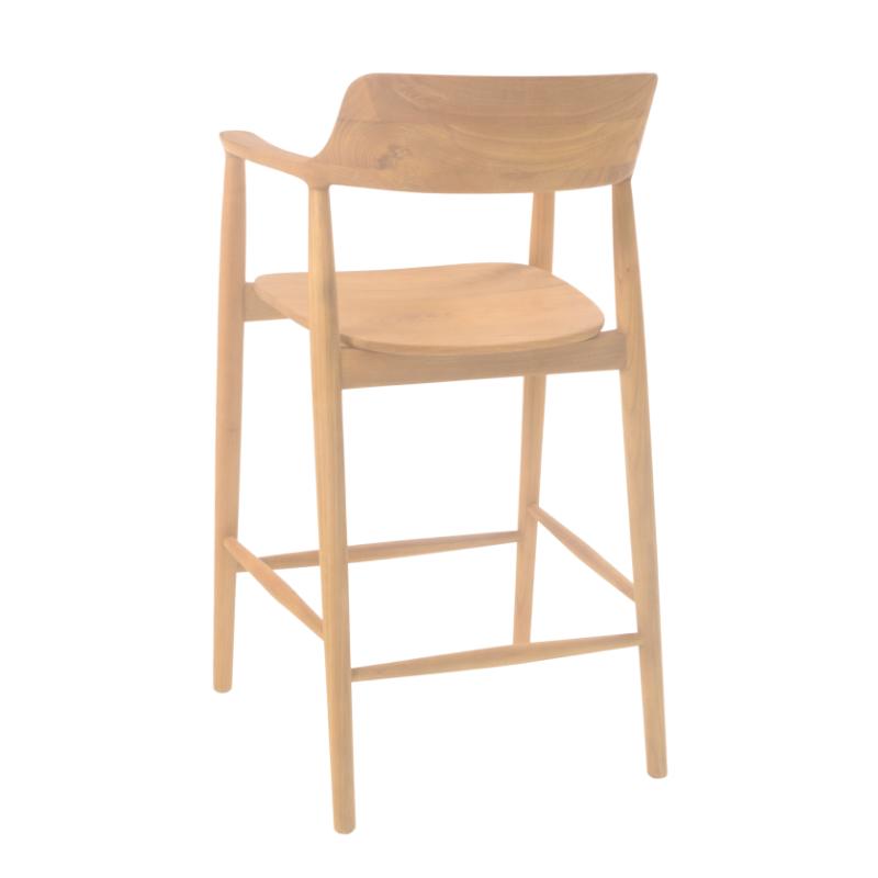 A modern wooden bar stool with a natural oak finish, featuring a curved backrest, integrated armrests, and a footrest, shown against a plain white background.