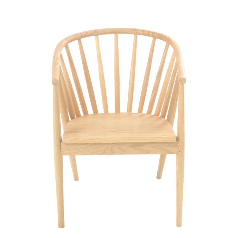 A light natural wood occasional chair with a curved backrest made of vertical slats and a flat wooden seat, shown against a plain white background.