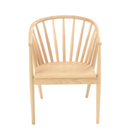 A light natural wood occasional chair with a curved backrest made of vertical slats and a flat wooden seat, shown against a plain white background.