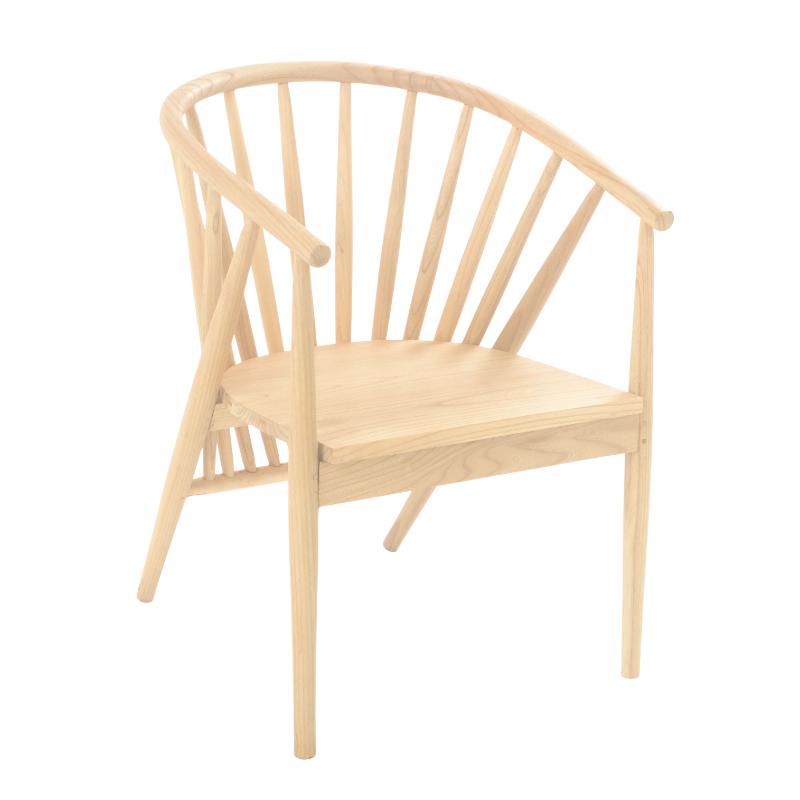 A light natural wood barrel chair with a curved backrest, slatted back, and angled legs, shown on a plain white background.