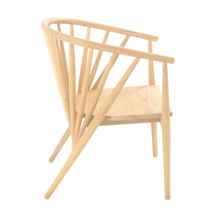 A light natural wood armchair chair with a curved backrest, slatted back, and angled legs, shown against a plain white background.