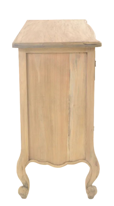 Wooden side table with curved legs on a white background