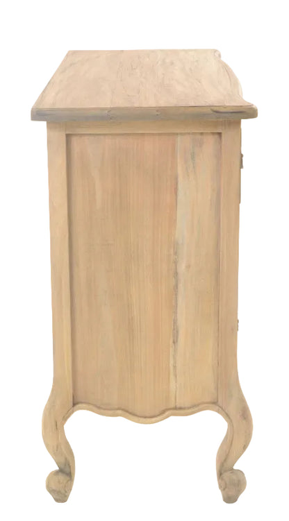 Wooden side table with curved legs on a white background