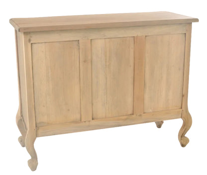 Back of wooden chest of drawers with three doors on a white background