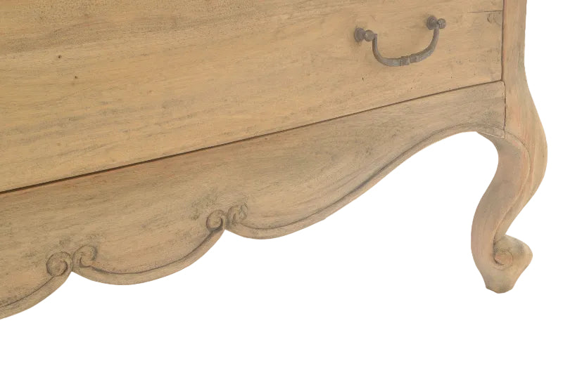Wooden dresser with curved design and metal handle on a white background