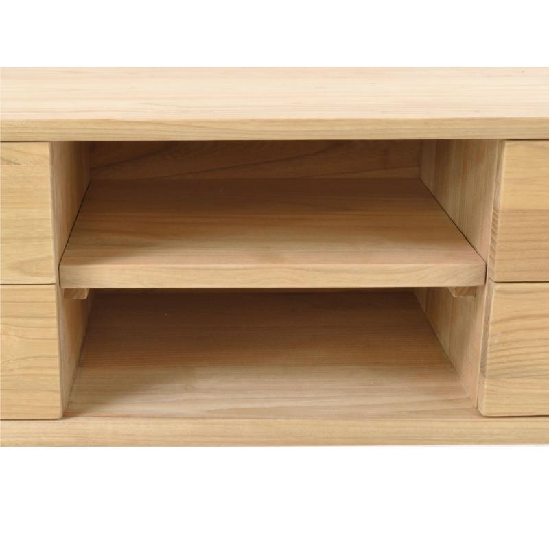 Close-up of a light natural wood cabinet or shelf unit with drawers on both sides and a central open shelf.