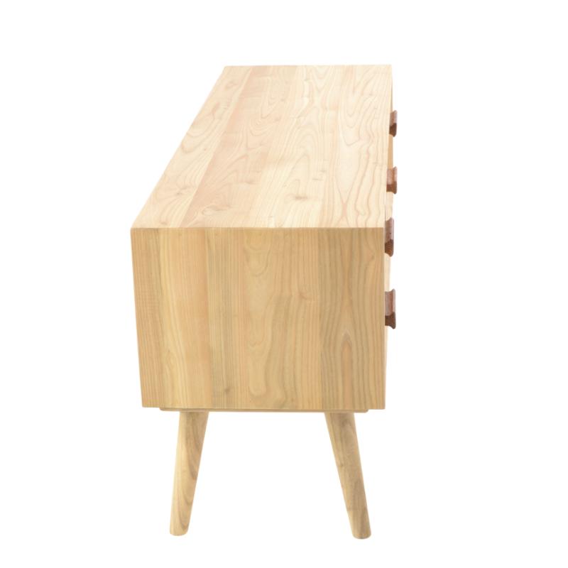 A light natural wood sideboard or credenza with three drawers on the right side, featuring tapered legs and dark brown drawer pulls, shown against a plain white background.