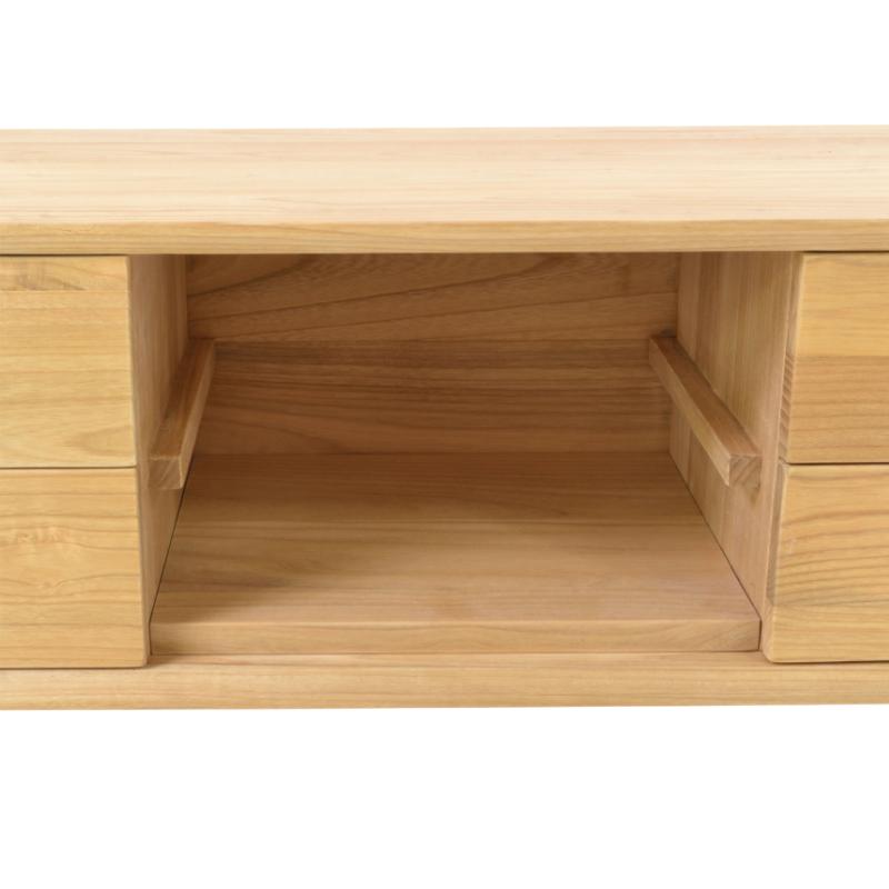 Close-up of a light natural wood storage cabinet or shelf with an open center compartment and drawer fronts on both sides, shown against a white background.