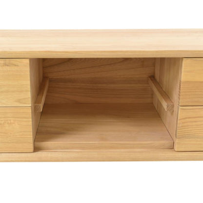 Close-up of a light natural wood storage cabinet or shelf with an open center compartment and drawer fronts on both sides, shown against a white background.
