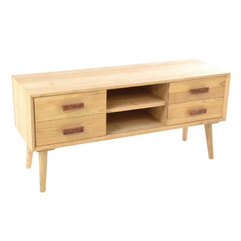 A mid-century modern wooden TV stand or console cabinet made of light natural wood, featuring two drawers on each side with dark reddish-brown handles and a central open shelf, supported by tapered legs.