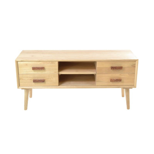 A mid-century modern wooden TV stand or console table made of light natural wood, featuring two drawers on each side with reddish-brown handles and an open center shelf.