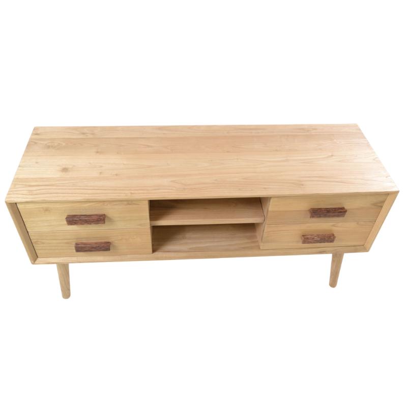 A mid-century modern wooden TV stand or console cabinet made of light natural wood, featuring two drawers on each side with dark reddish-brown handles and an open center shelf.
