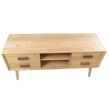 A mid-century modern wooden TV stand or console cabinet made of light natural wood, featuring two drawers on each side with dark reddish-brown handles and an open center shelf.
