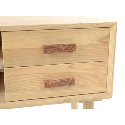 A close-up of a light natural wood nightstand or side table with two drawers, each featuring a dark brown rectangular wood handle, shown against a plain white background.