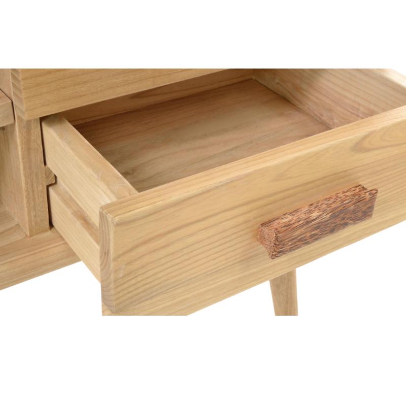 Close-up of a light natural wood drawer with an open drawer pull made from textured wood grain, shown against a plain white background.