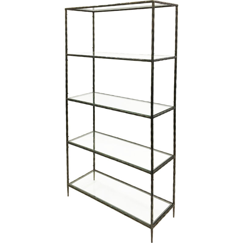 Metal bookshelf with glass shelves on a white background