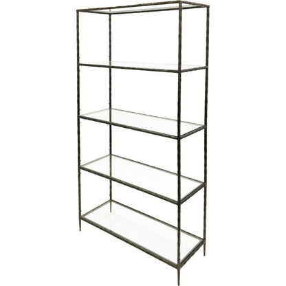 Metal bookshelf with glass shelves on a white background