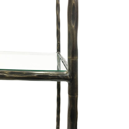 Glass shelf with bronze metal frame on a white background