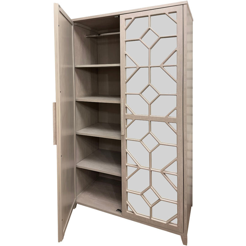 Beige cabinet with geometric mirror design on a white background