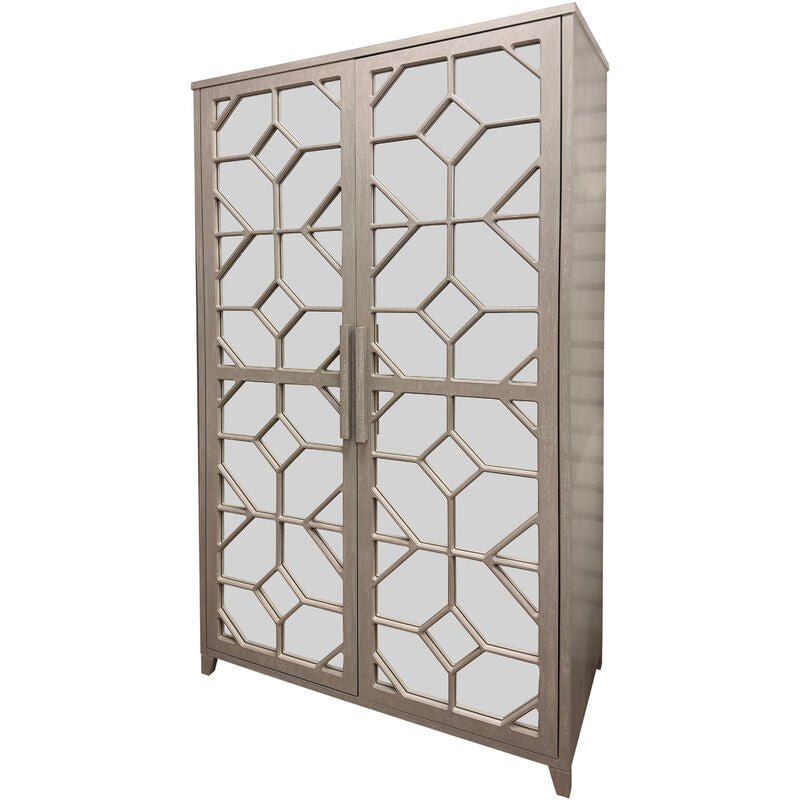 Decorative cabinet with geometric mirror design on a white background