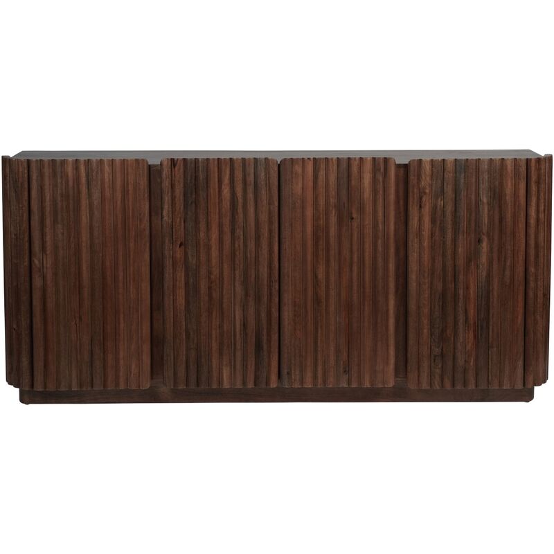 Wooden console table with a wavy surface design on a white background