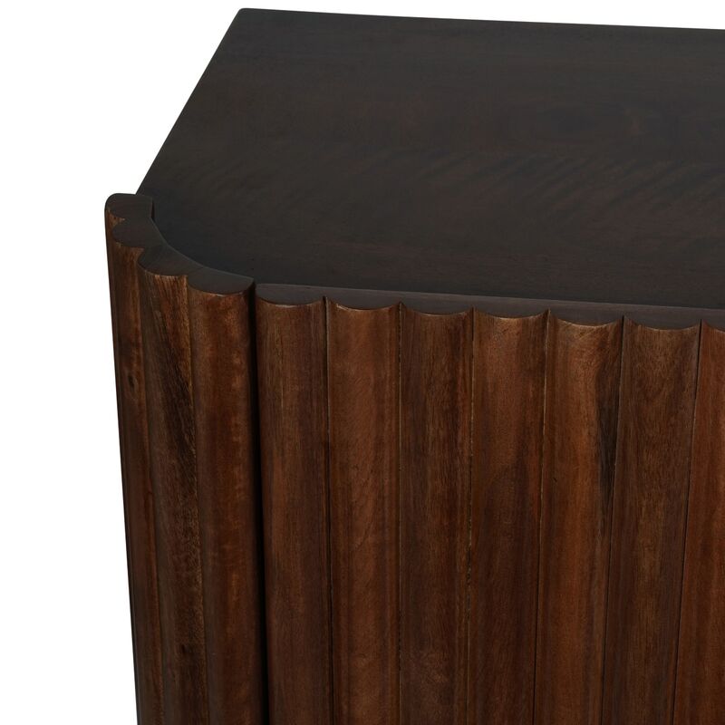 Wooden sideboard with a dark brown finish and ribbed design.