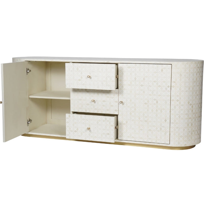 White sideboard with open doors on a white background