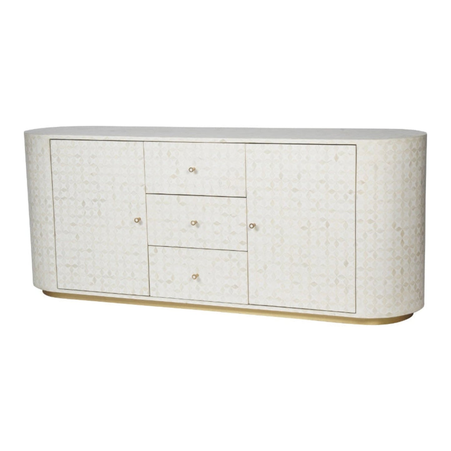 Elegant oval-shaped sideboard with a textured finish on a white background