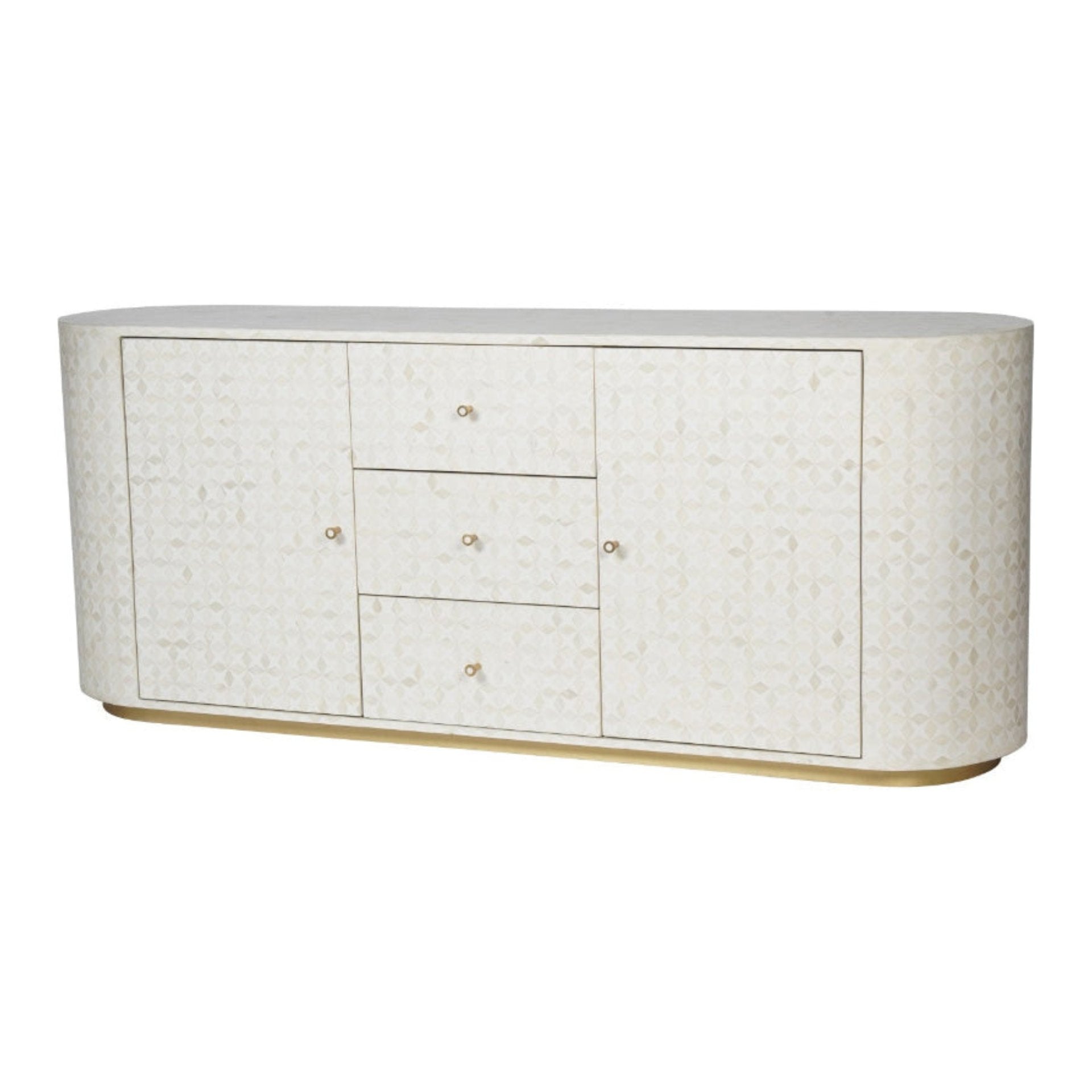 Elegant oval-shaped sideboard with a textured finish on a white background