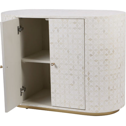 Round cabinet with patterned doors and open door revealing shelves.
