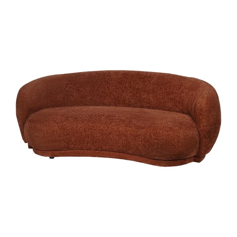 A modern curved loveseat sofa upholstered in a textured rust-brown fabric, shown against a plain white background.