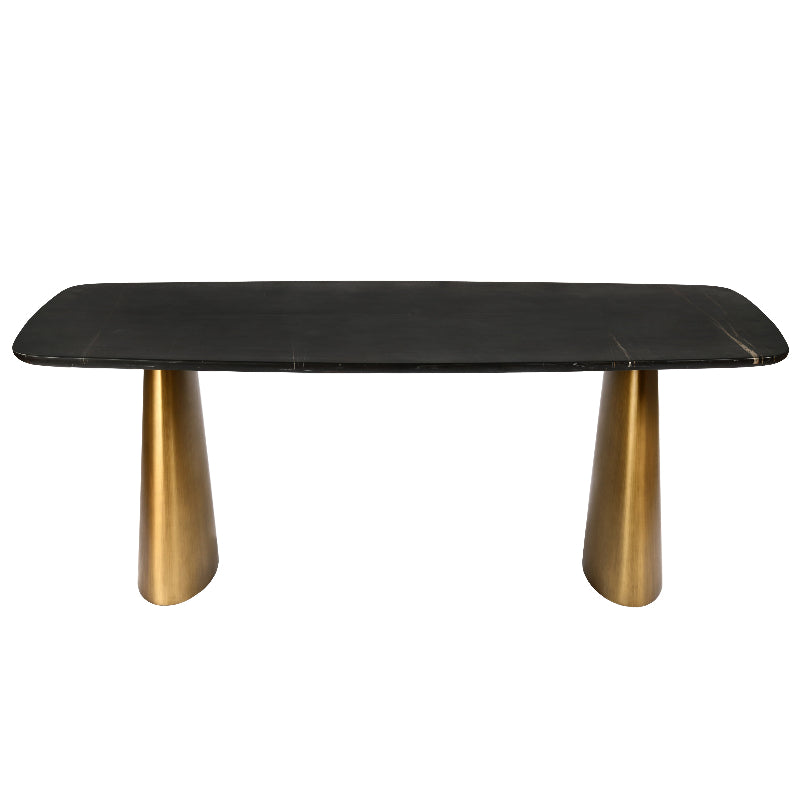 Black rectangular table with gold legs on a white background